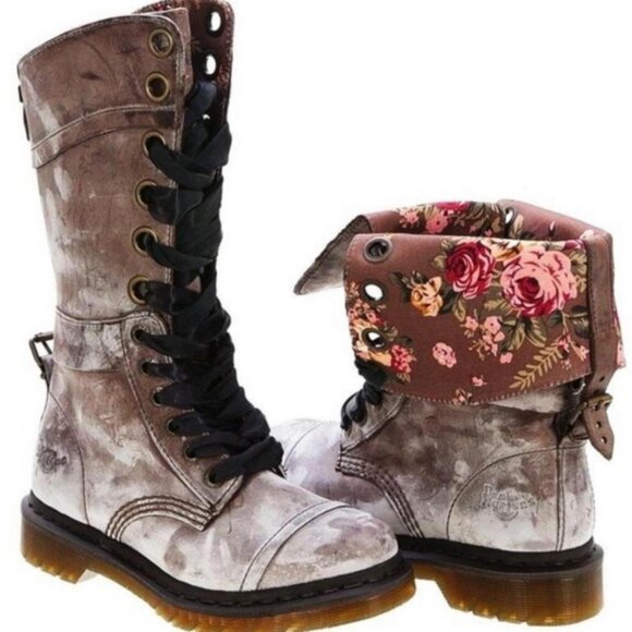🌼 Dr. Martens Triumph 1914 Brown Boots NWT Floral Lining Fold-Down Combat Style - Picture 2 of 11